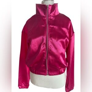 Women’s Pink Satin Bomber Style Jacket with elastic waistband and silver zipper